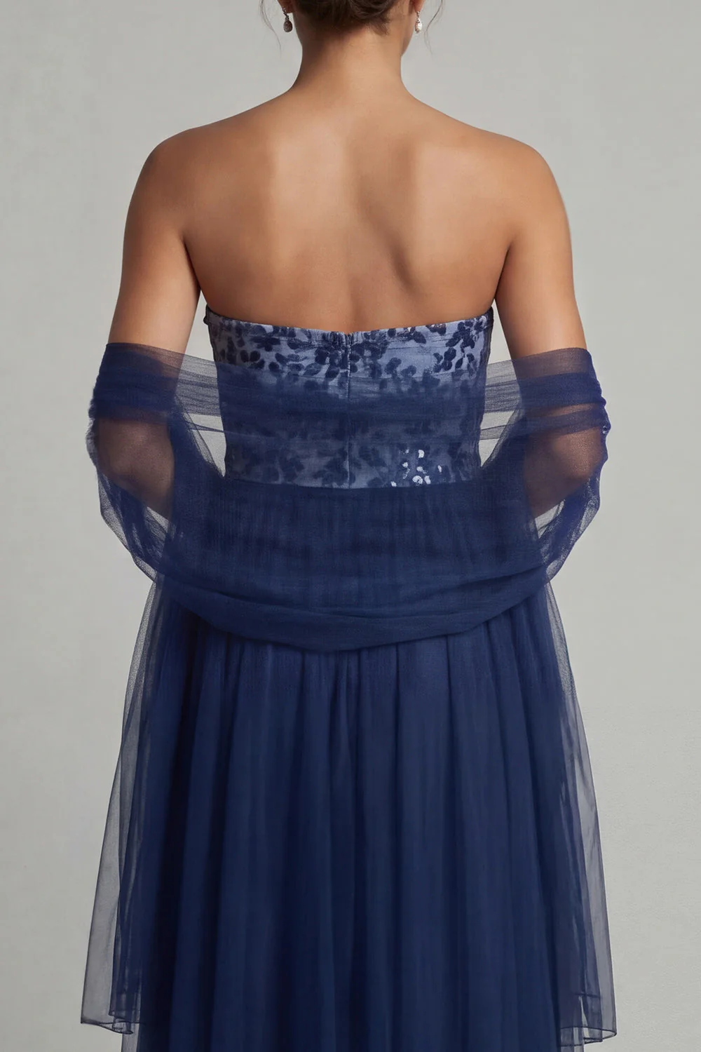 Navy A Line Strapless Long Tulle Mother of the Bride Dress with Streamer - Image 5