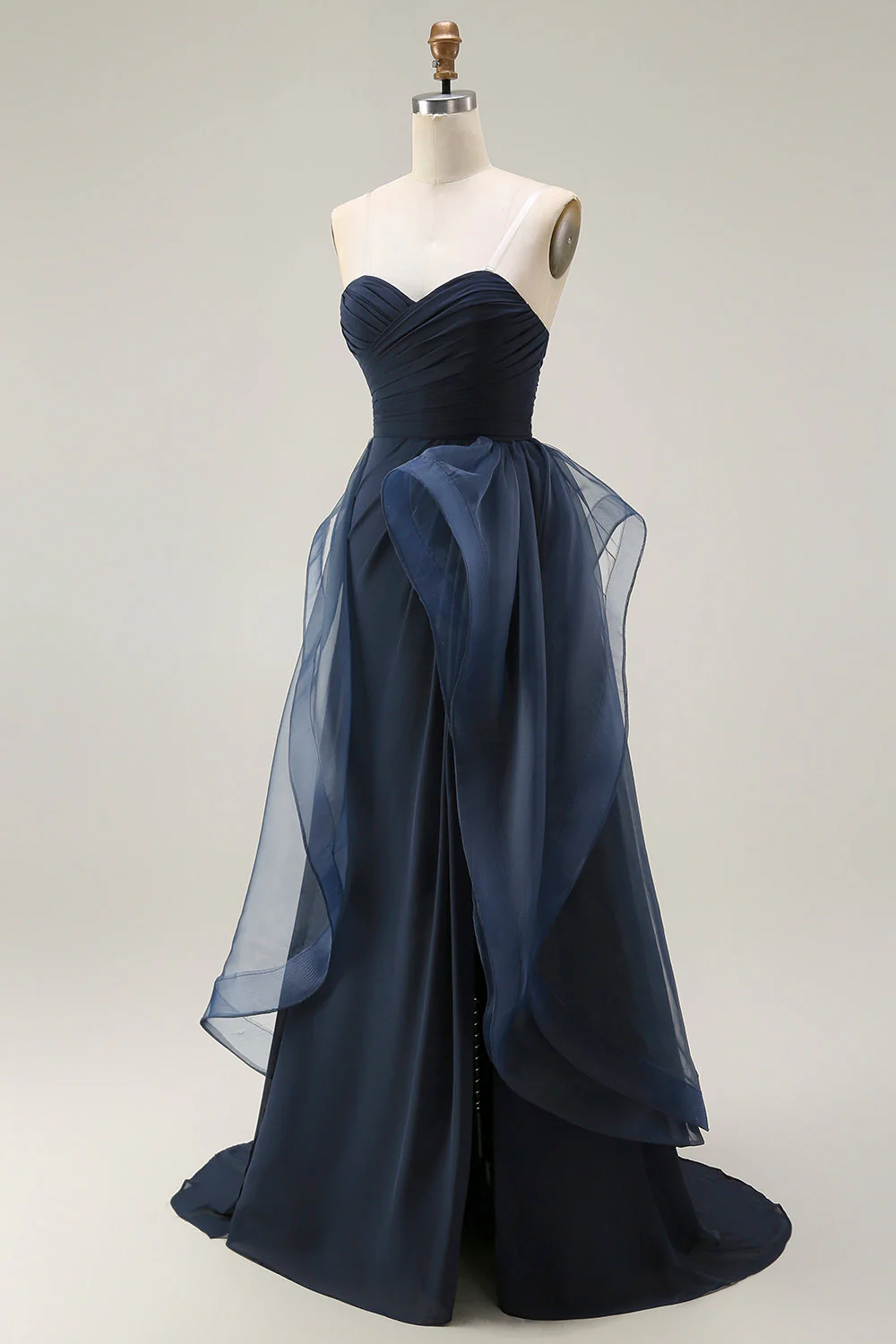 Navy A Line Sweetheart Ruched Long Prom Dress with Ruffles - Image 3
