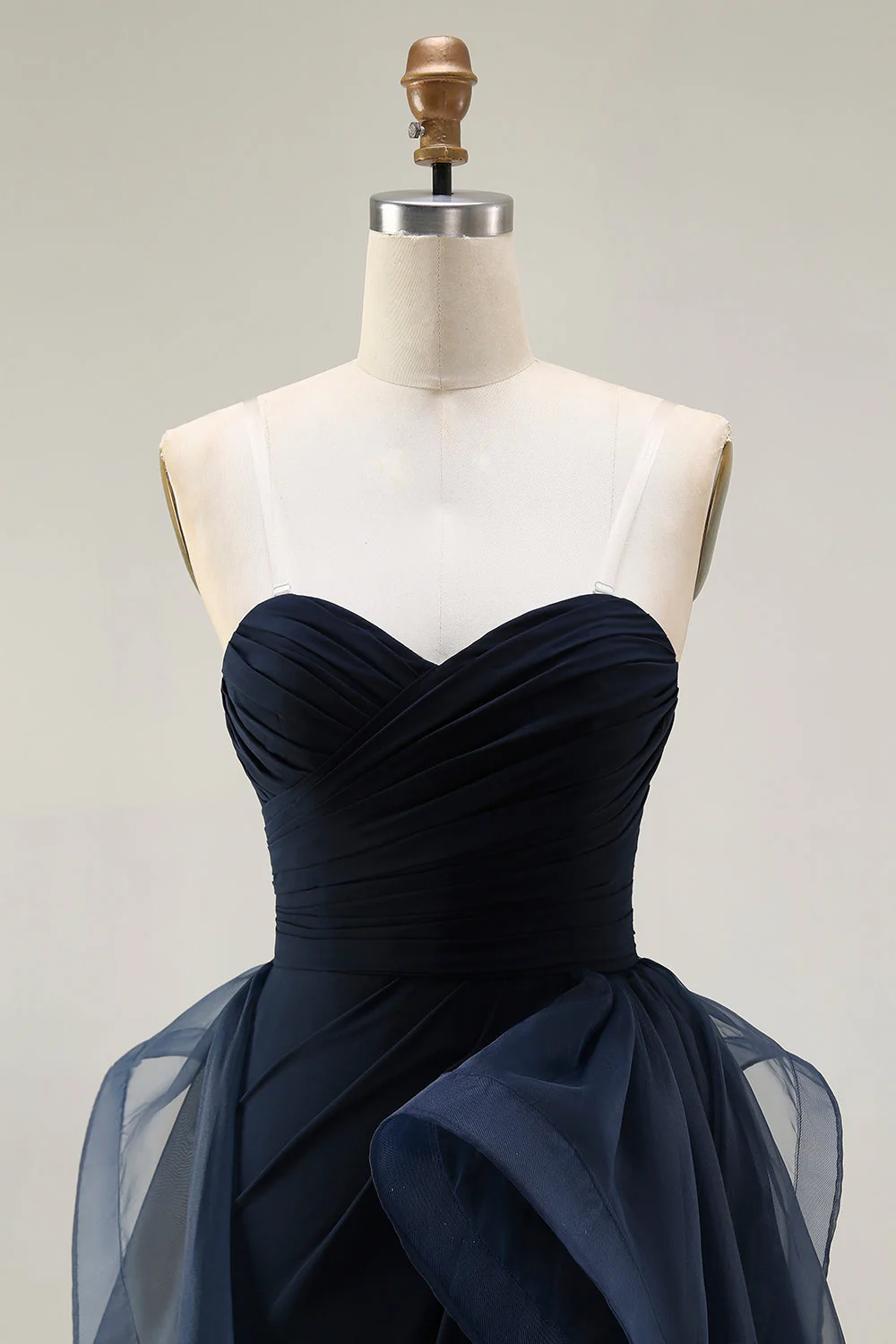 Navy A Line Sweetheart Ruched Long Prom Dress with Ruffles - Image 4