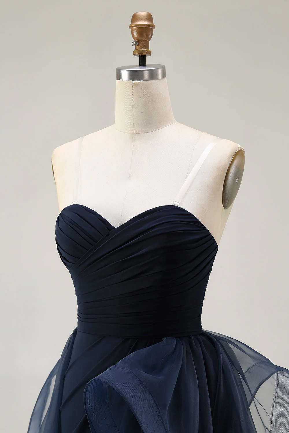 Navy A Line Sweetheart Ruched Long Prom Dress with Ruffles - Image 6