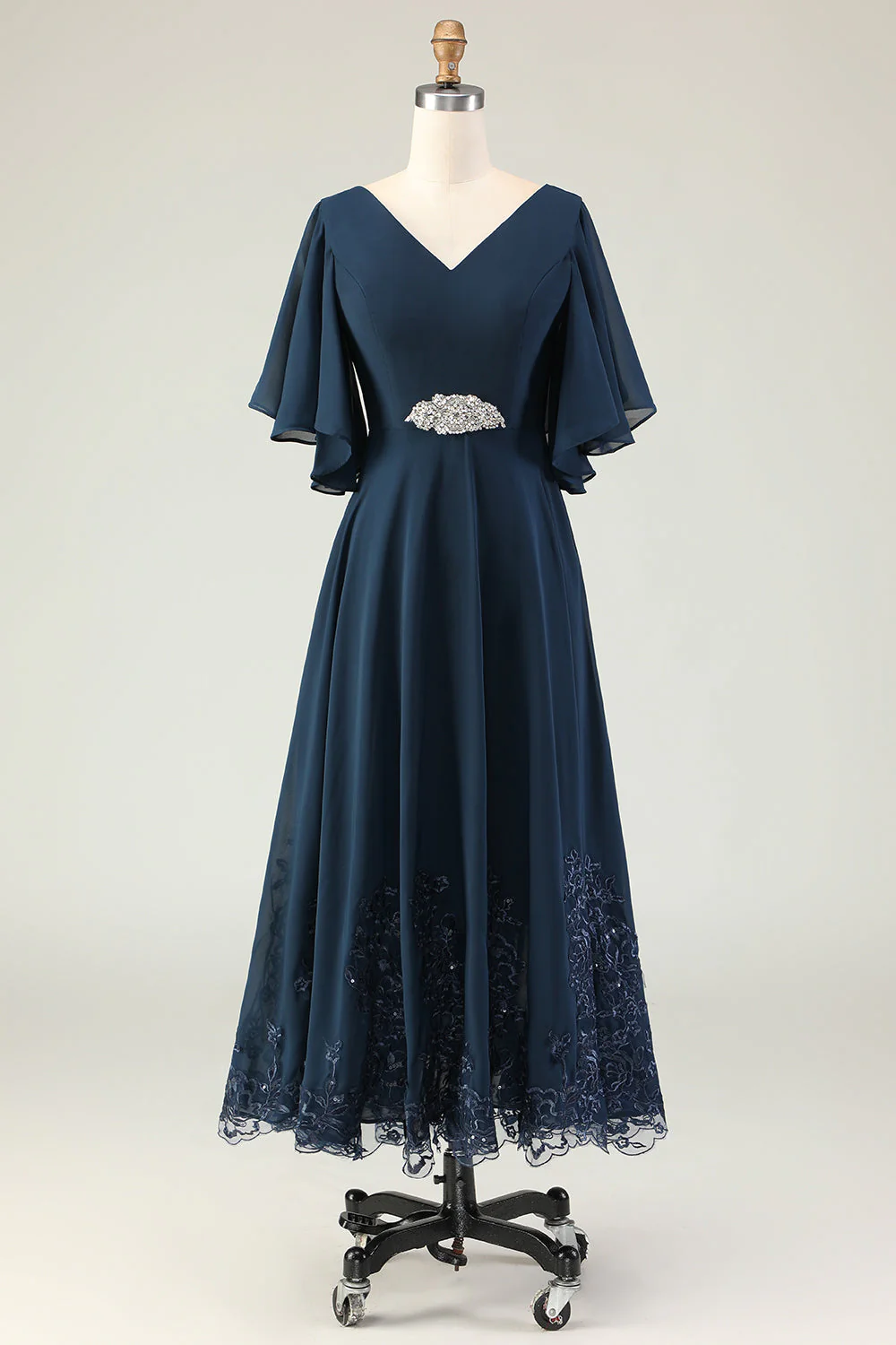 Navy A Line V Neck Long Choir Dress with Embroidery - Image 2
