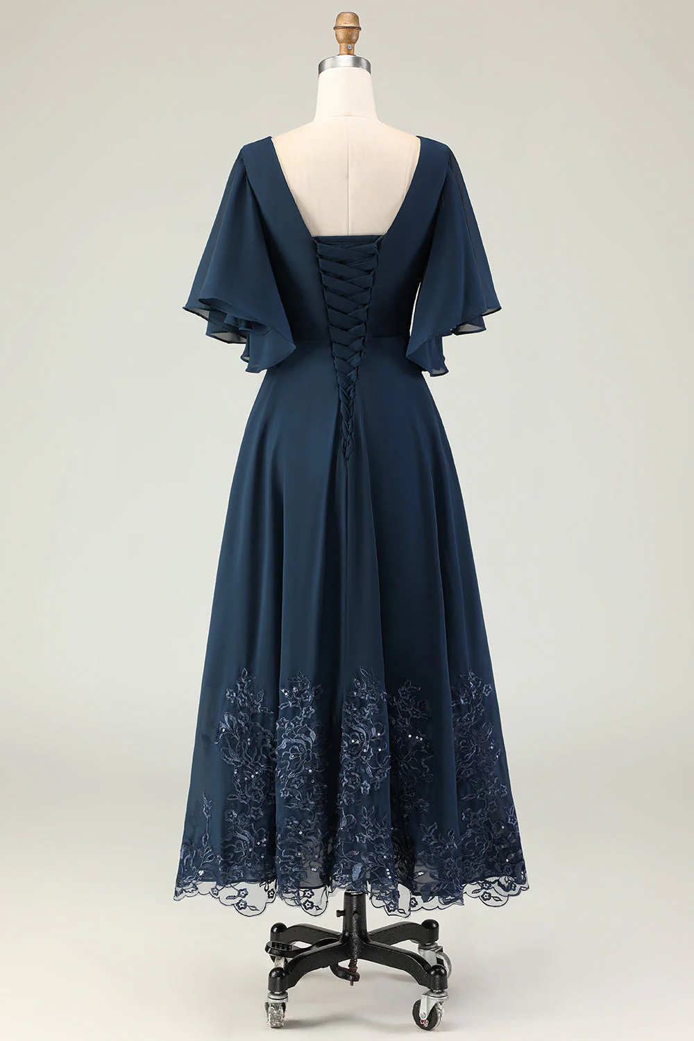 Navy A Line V Neck Long Choir Dress with Embroidery - Image 3