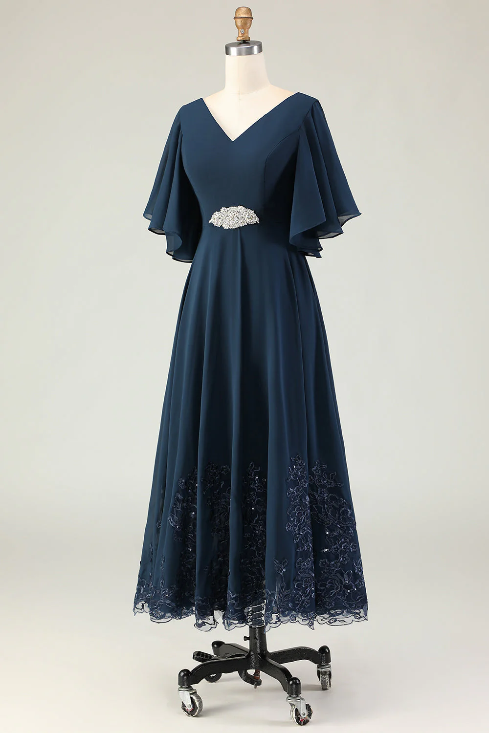 Navy A Line V Neck Long Choir Dress with Embroidery - Image 4