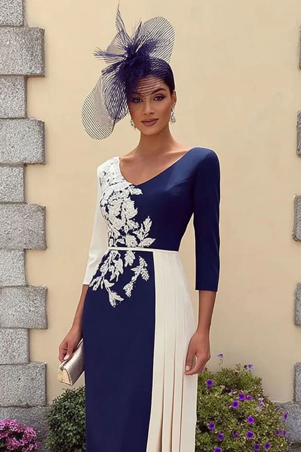 Navy A-Line V-Neck Midi Appliqued Mother of the Bride Dress - Image 2