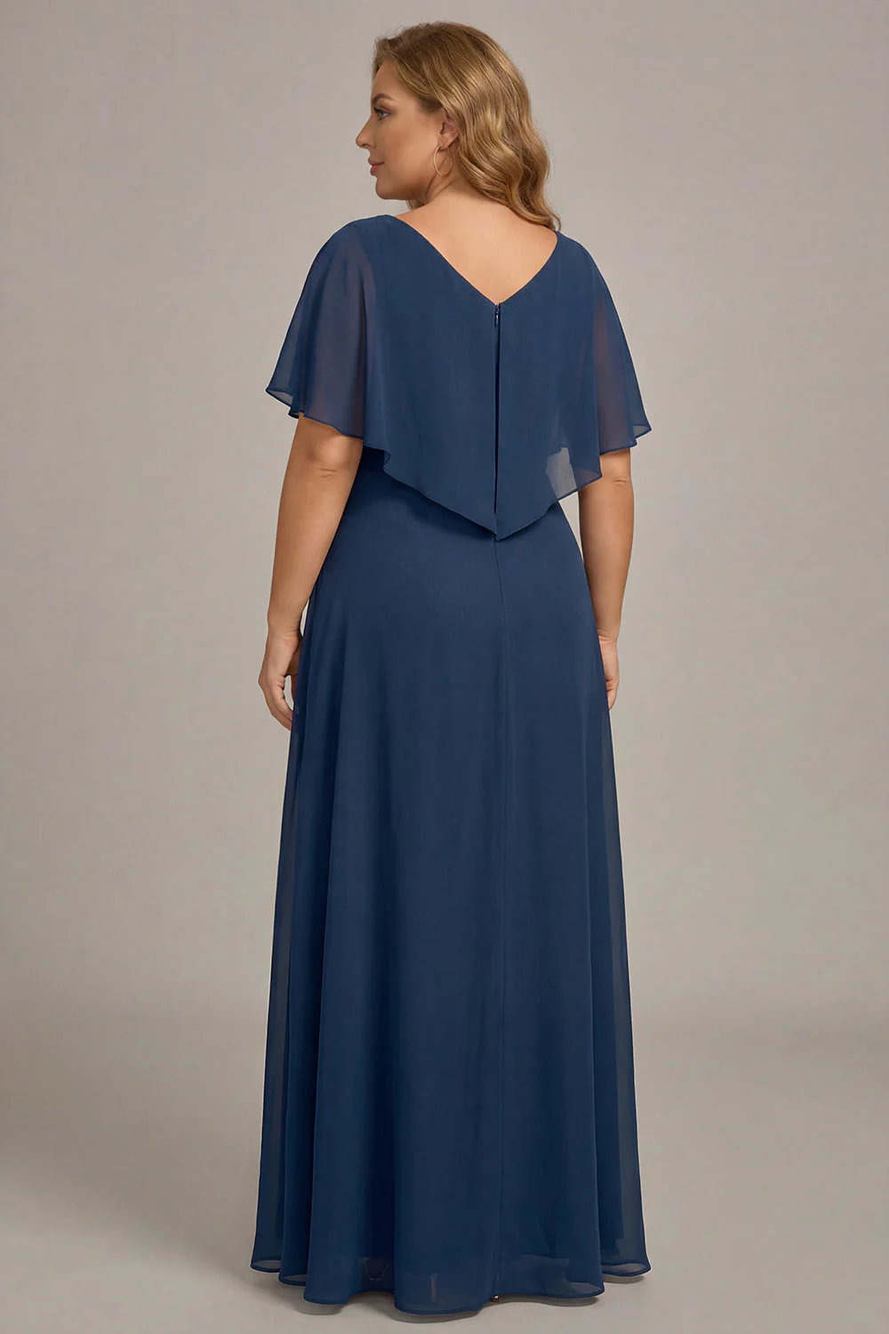 Navy A-Line V-Neck Plus Size Chiffon Mother of the Bride Dress with Ruffles - Image 2