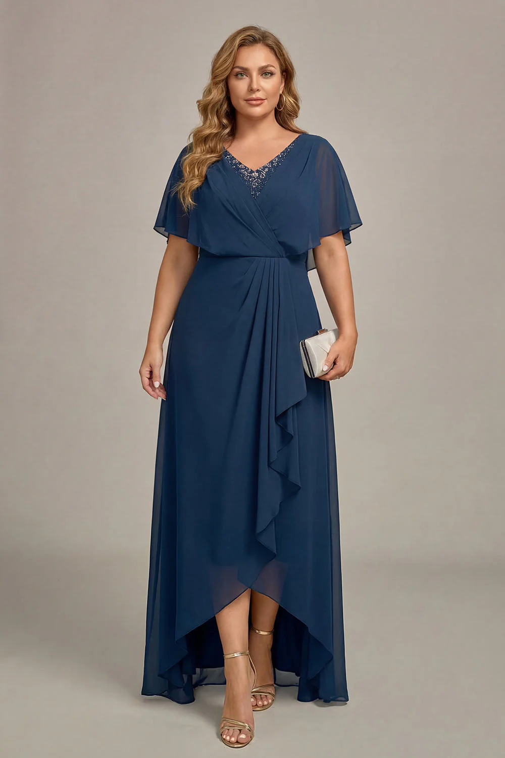 Navy A-Line V-Neck Plus Size Chiffon Mother of the Bride Dress with Ruffles - Image 3