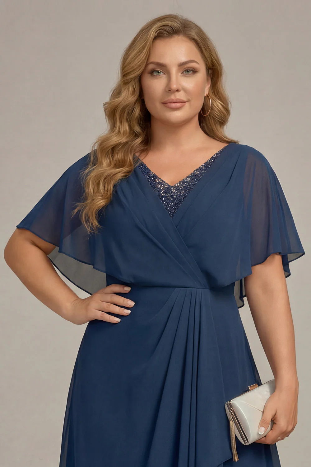 Navy A-Line V-Neck Plus Size Chiffon Mother of the Bride Dress with Ruffles - Image 4