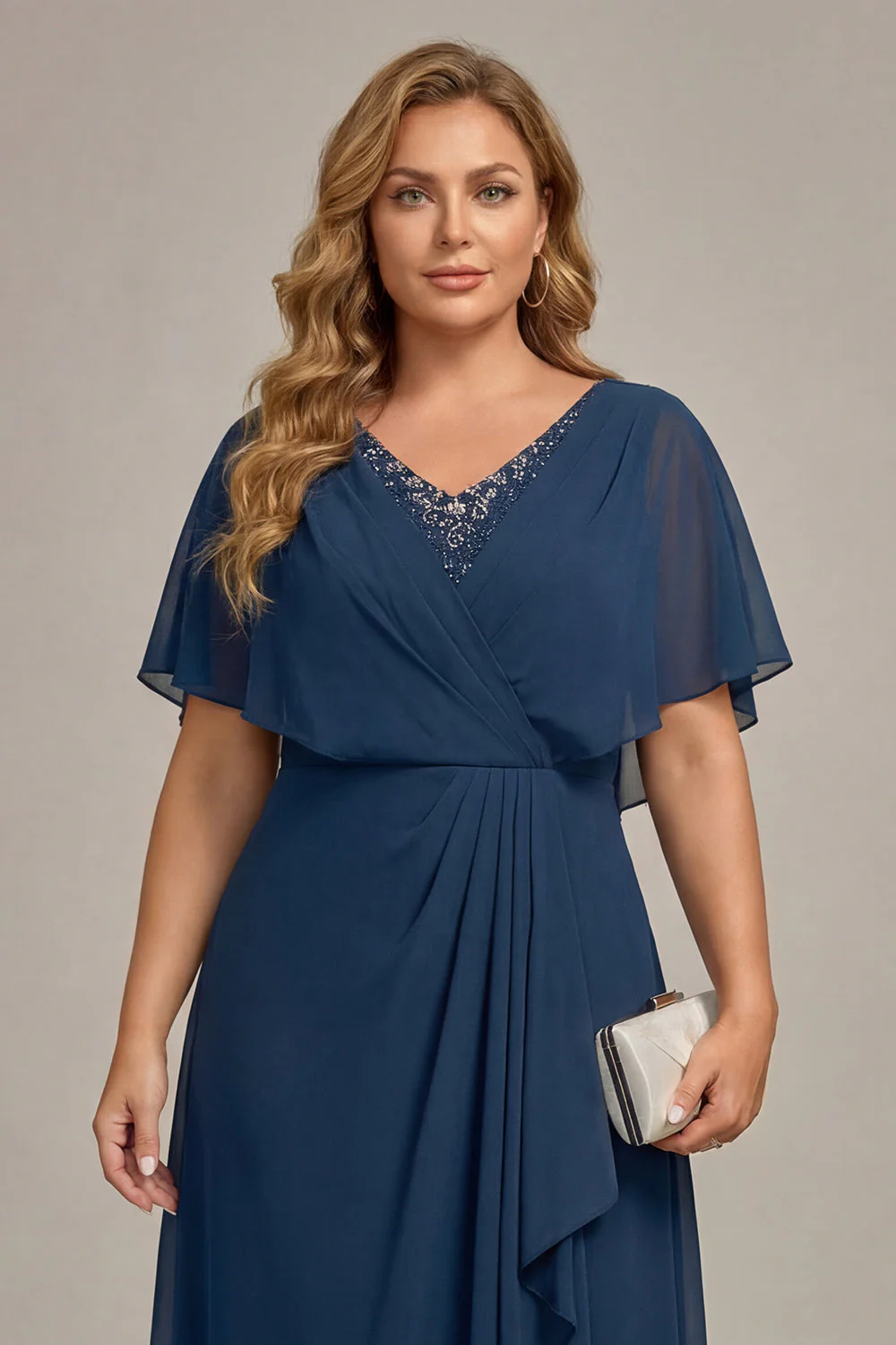 Navy A-Line V-Neck Plus Size Chiffon Mother of the Bride Dress with Ruffles - Image 5