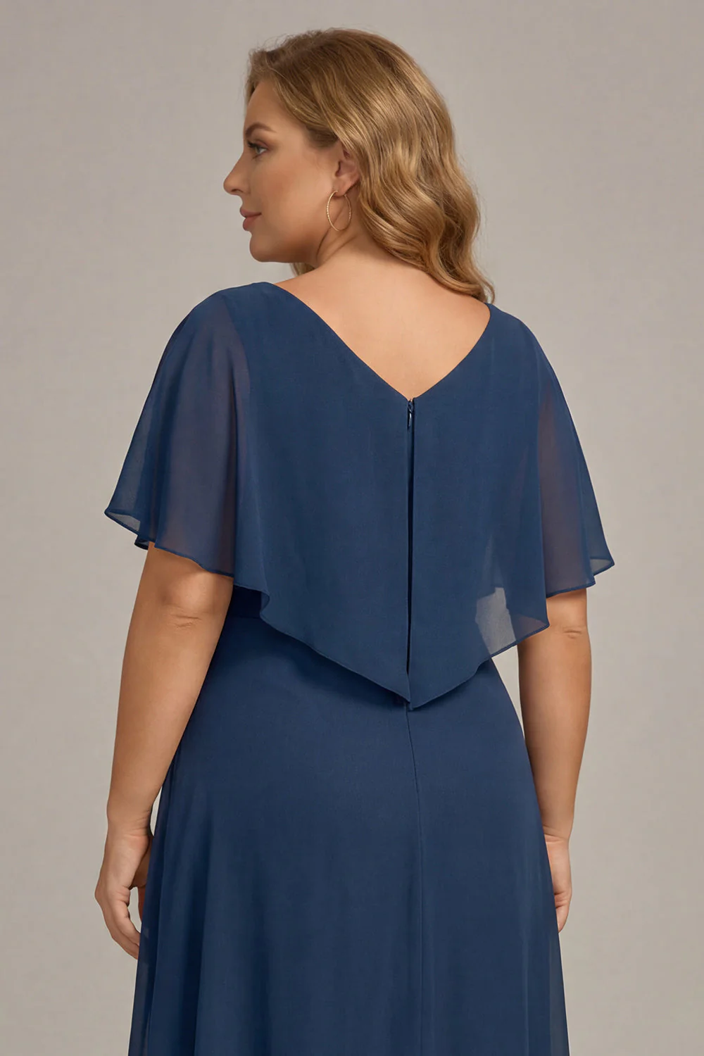 Navy A-Line V-Neck Plus Size Chiffon Mother of the Bride Dress with Ruffles - Image 6