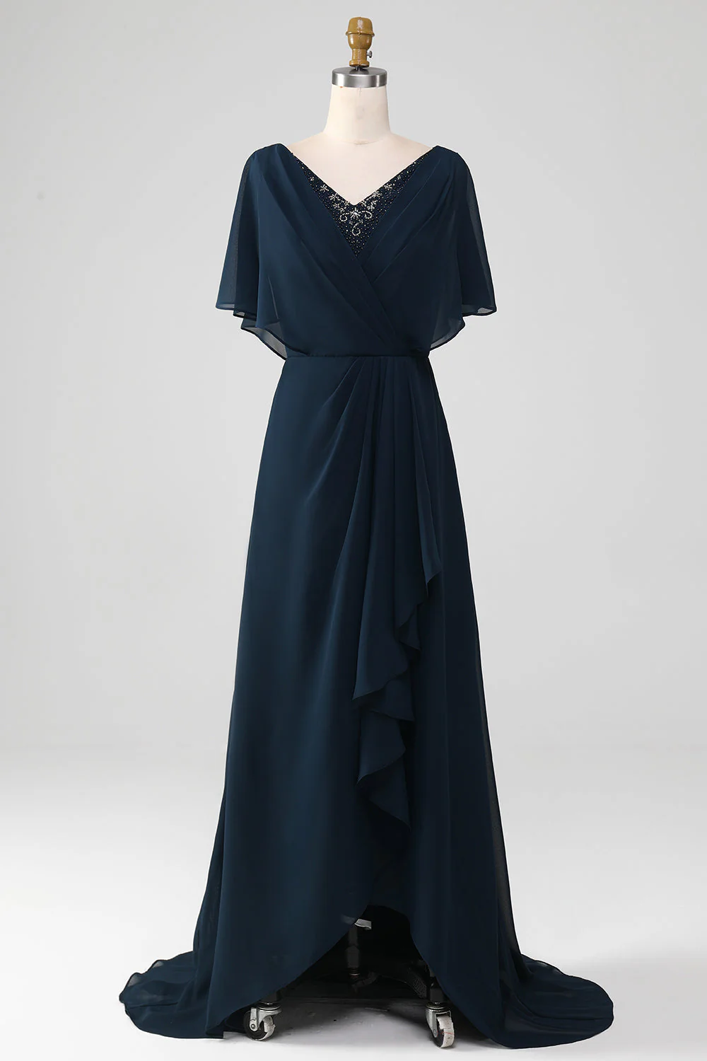Navy A-Line V-Neck Plus Size Chiffon Mother of the Bride Dress with Ruffles - Image 7