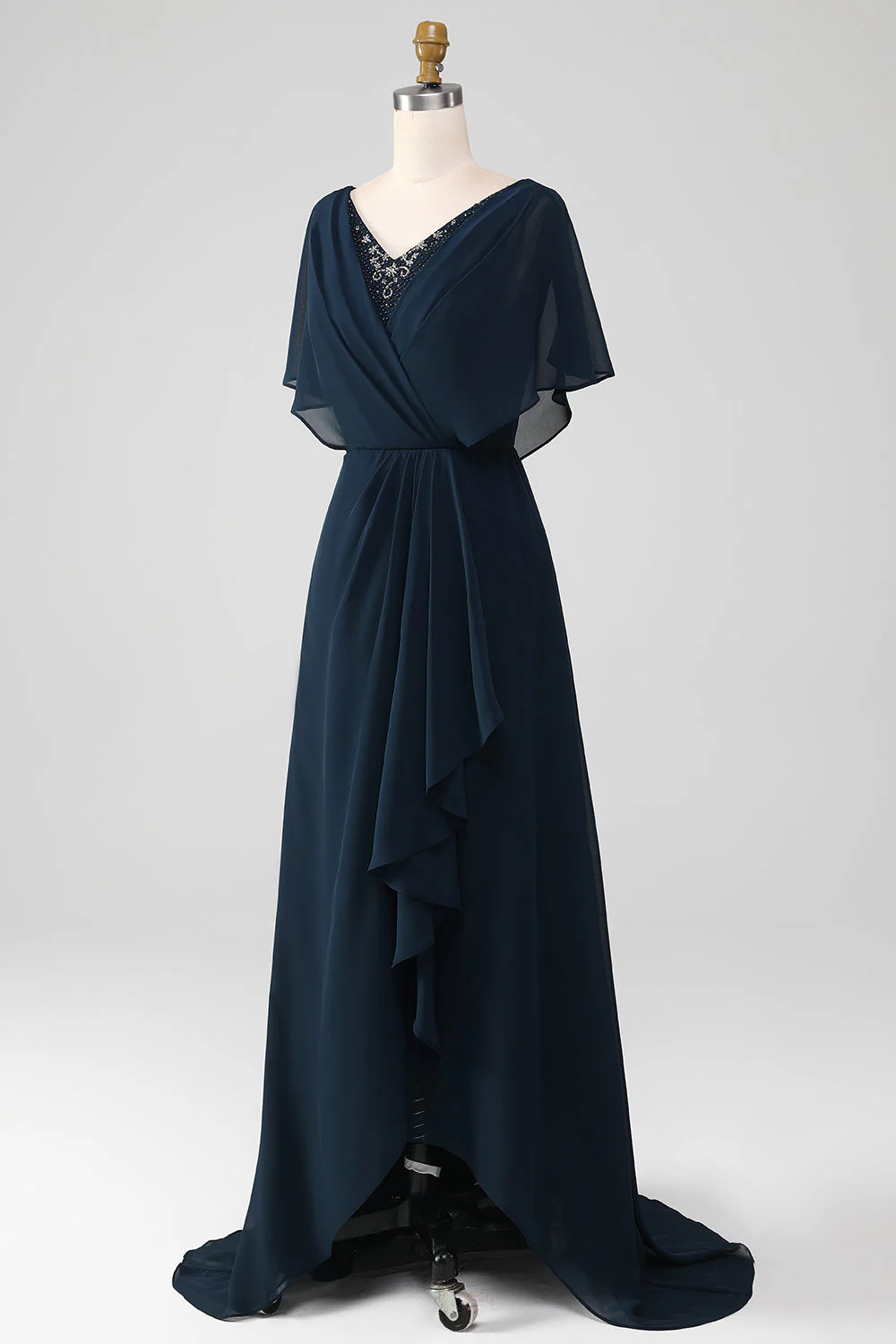 Navy A-Line V-Neck Plus Size Chiffon Mother of the Bride Dress with Ruffles - Image 9