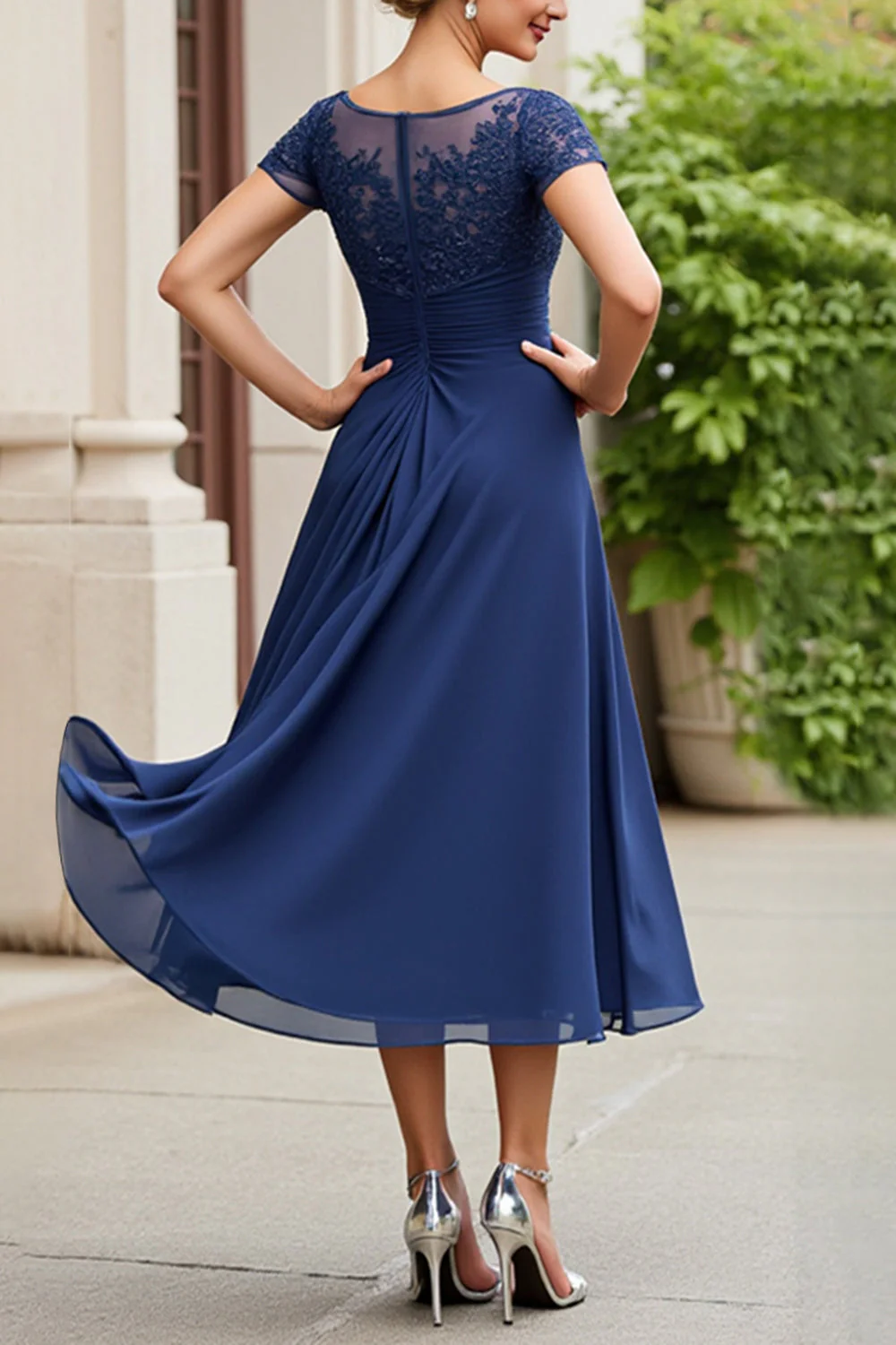 Navy Appliqued A Line Mother Of The Bride Dress - Image 2