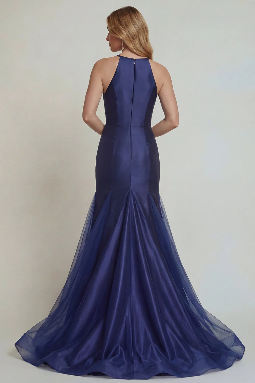 Navy Mermaid Embroidered Halter Satin Mother of the Bride Dress with Slit - Image 2