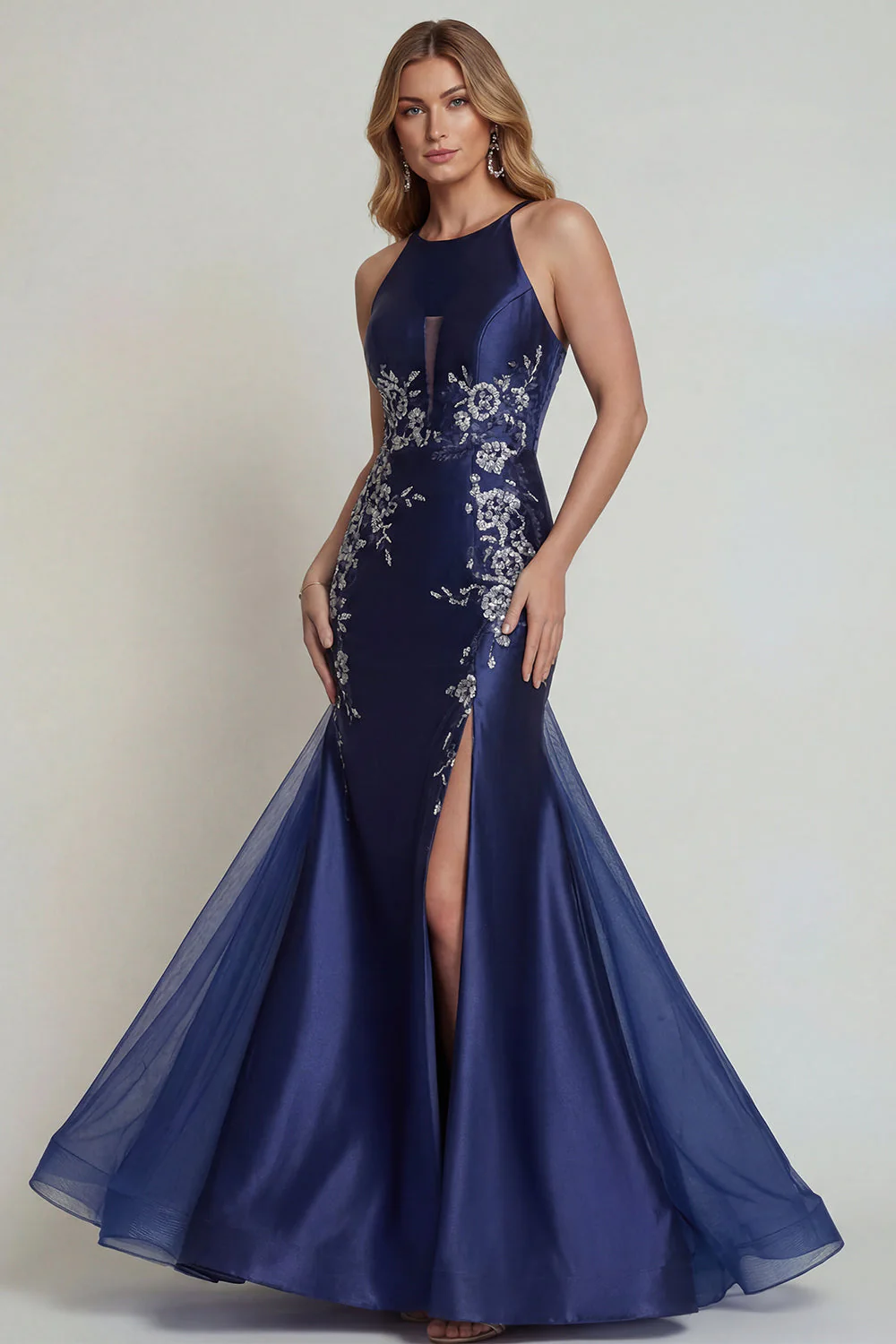 Navy Mermaid Embroidered Halter Satin Mother of the Bride Dress with Slit - Image 3