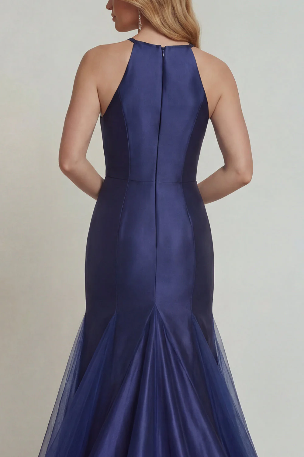 Navy Mermaid Embroidered Halter Satin Mother of the Bride Dress with Slit - Image 5