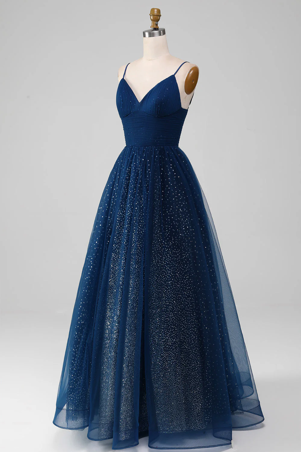 Navy Ball-Gown V-Neck Long Beaded Tulle Prom Dresses With Pleated - Image 4