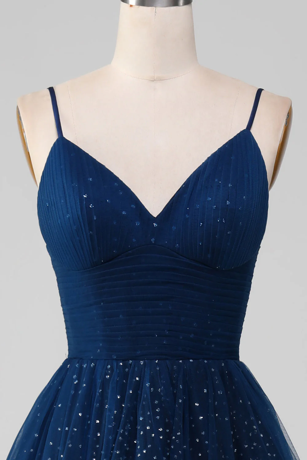 Navy Ball-Gown V-Neck Long Beaded Tulle Prom Dresses With Pleated - Image 5