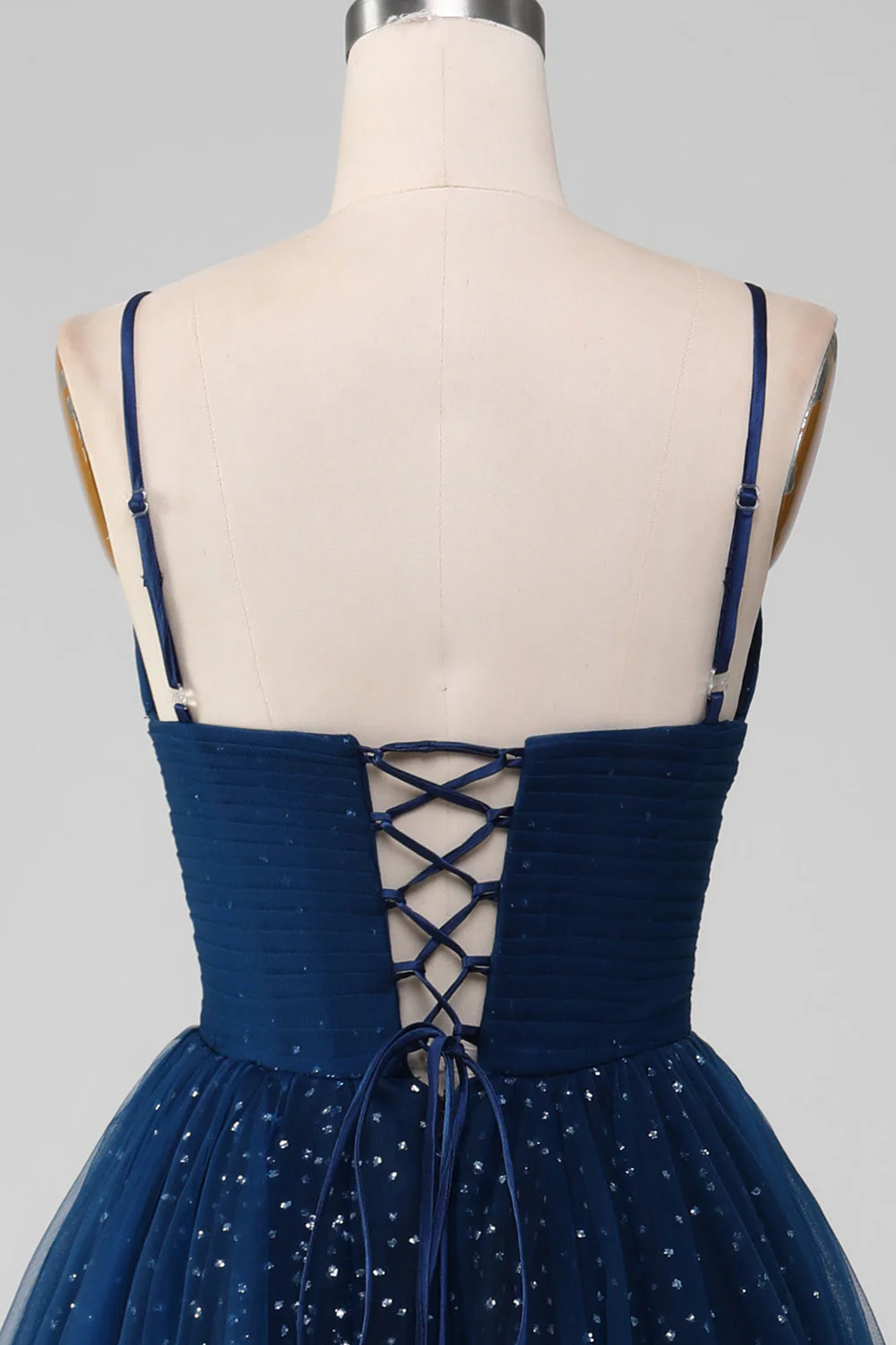 Navy Ball-Gown V-Neck Long Beaded Tulle Prom Dresses With Pleated - Image 6