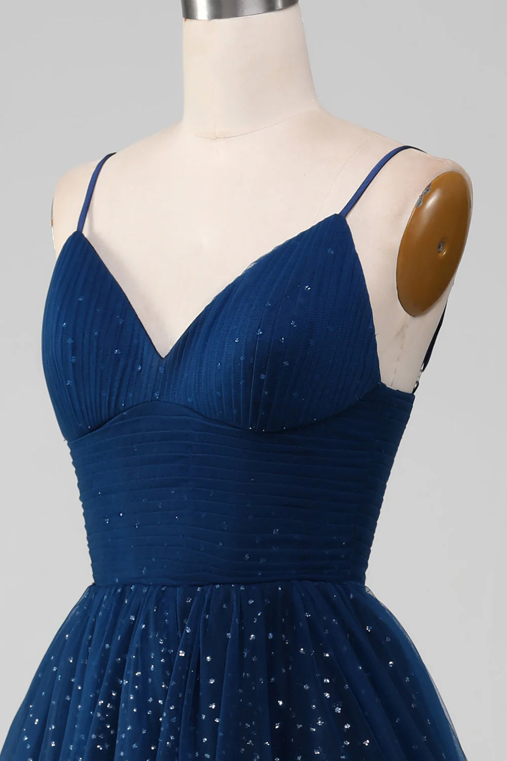 Navy Ball-Gown V-Neck Long Beaded Tulle Prom Dresses With Pleated - Image 7
