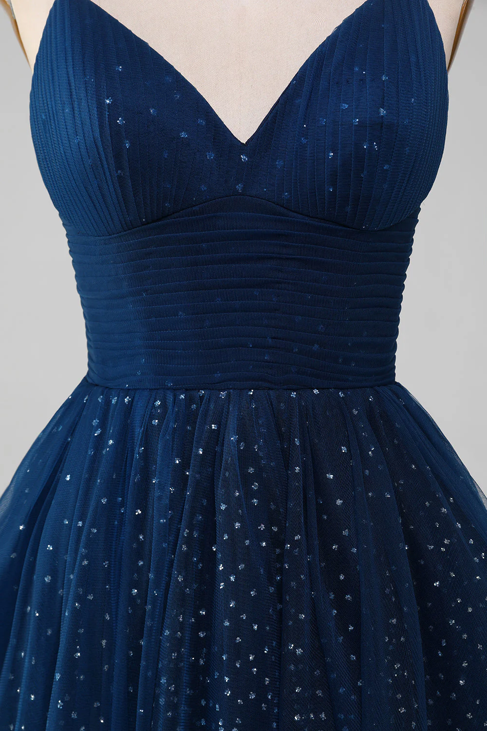 Navy Ball-Gown V-Neck Long Beaded Tulle Prom Dresses With Pleated - Image 8