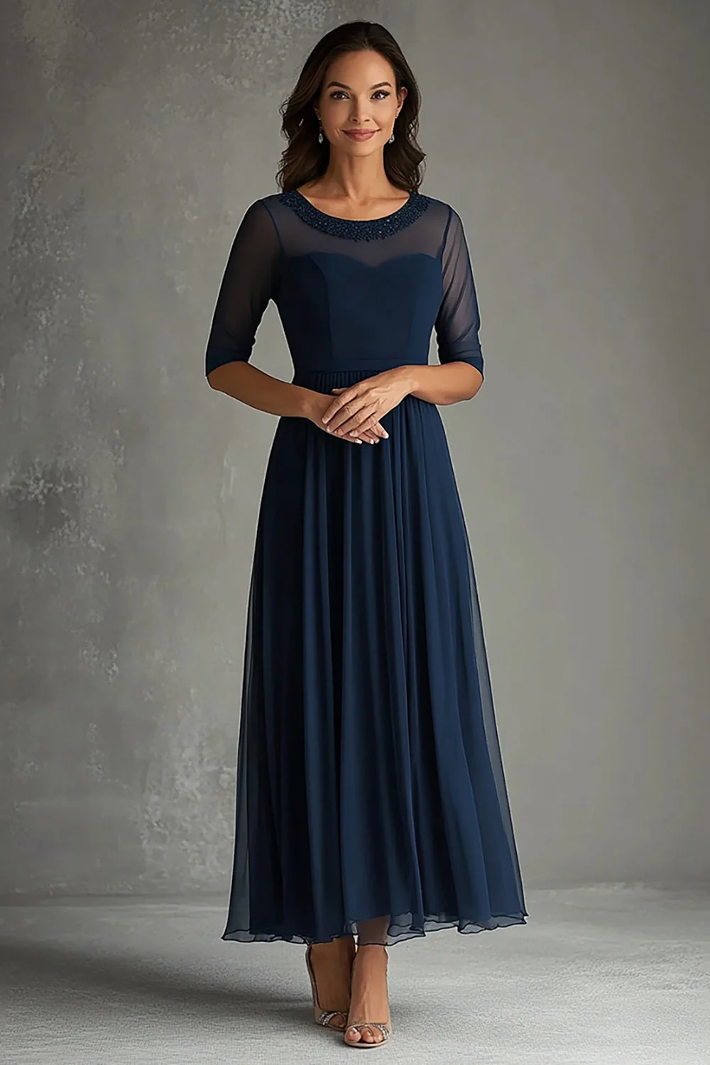 Navy Beaded A Line Boat Neck Long Choir Dress with Half Sleeves - Image 2