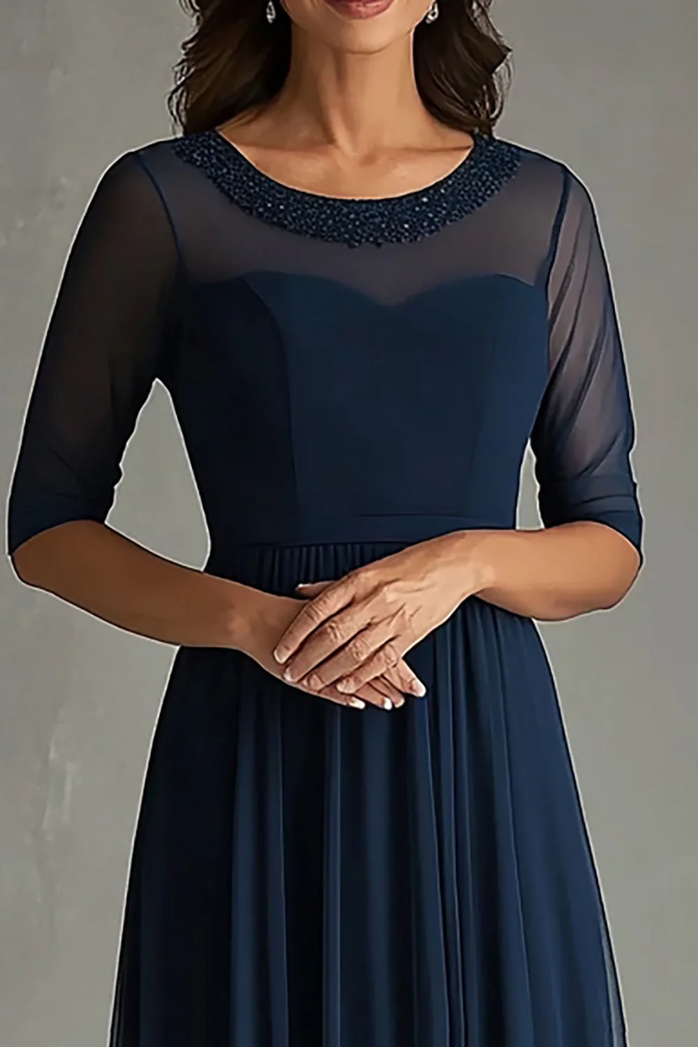 Navy Beaded A Line Boat Neck Long Choir Dress with Half Sleeves - Image 3