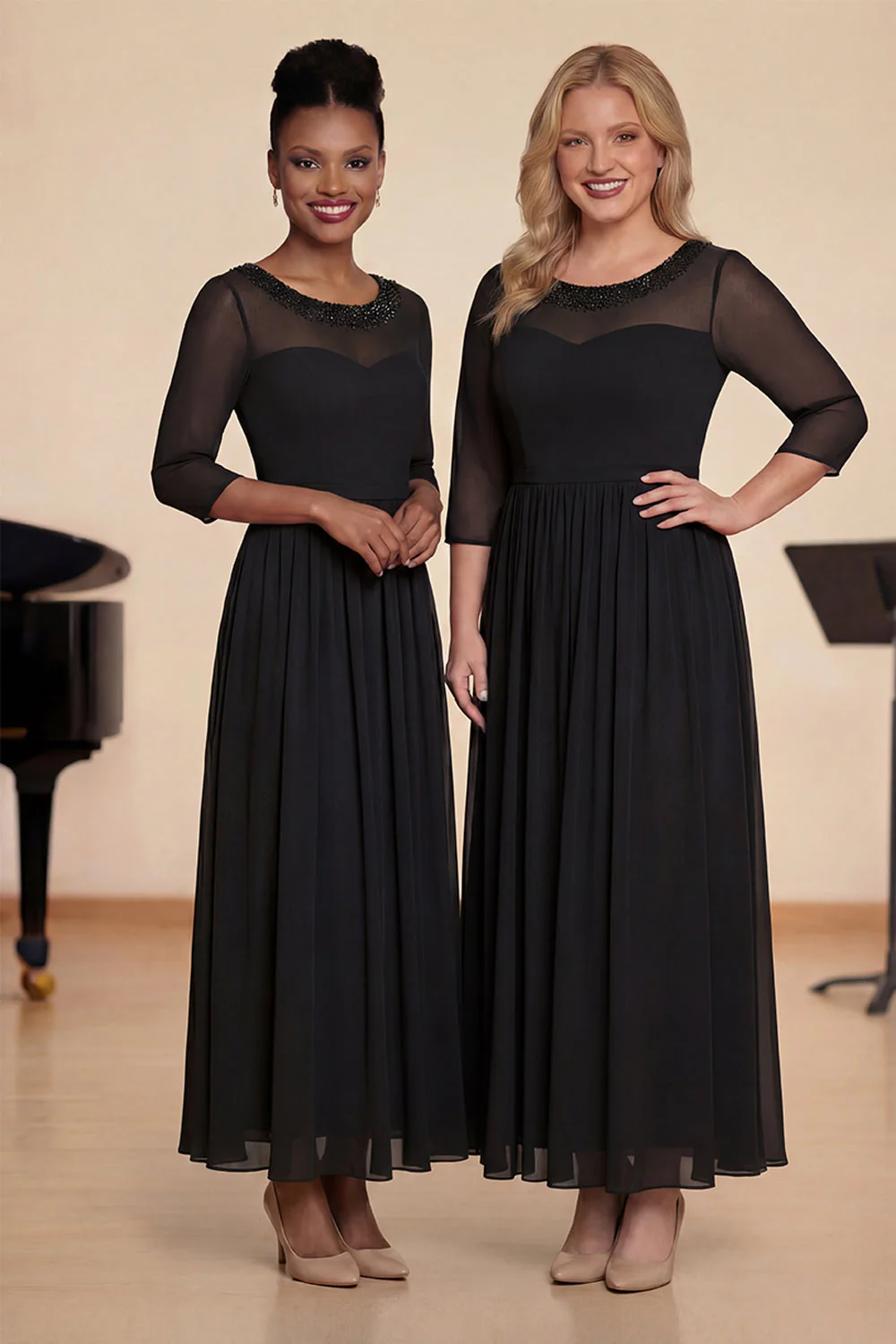 Navy Beaded A Line Boat Neck Long Choir Dress with Half Sleeves - Image 4