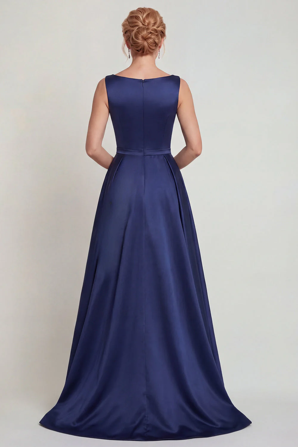 Navy A Line Boat Neck Satin Mother of the Bride Dress with Embroidery - Image 2