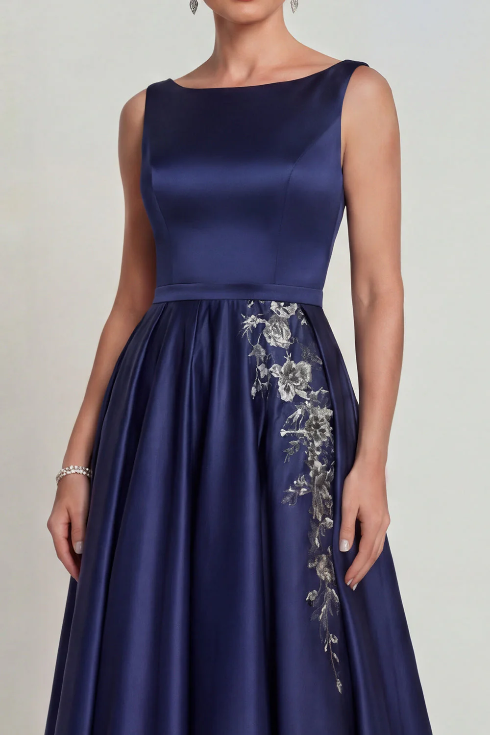 Navy A Line Boat Neck Satin Mother of the Bride Dress with Embroidery - Image 3
