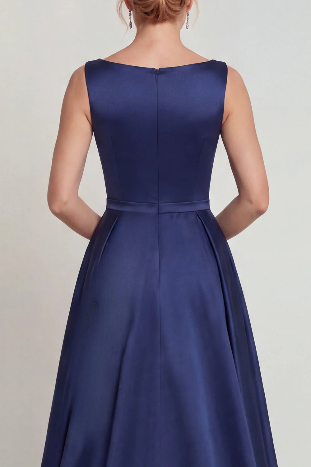 Navy A Line Boat Neck Satin Mother of the Bride Dress with Embroidery - Image 4