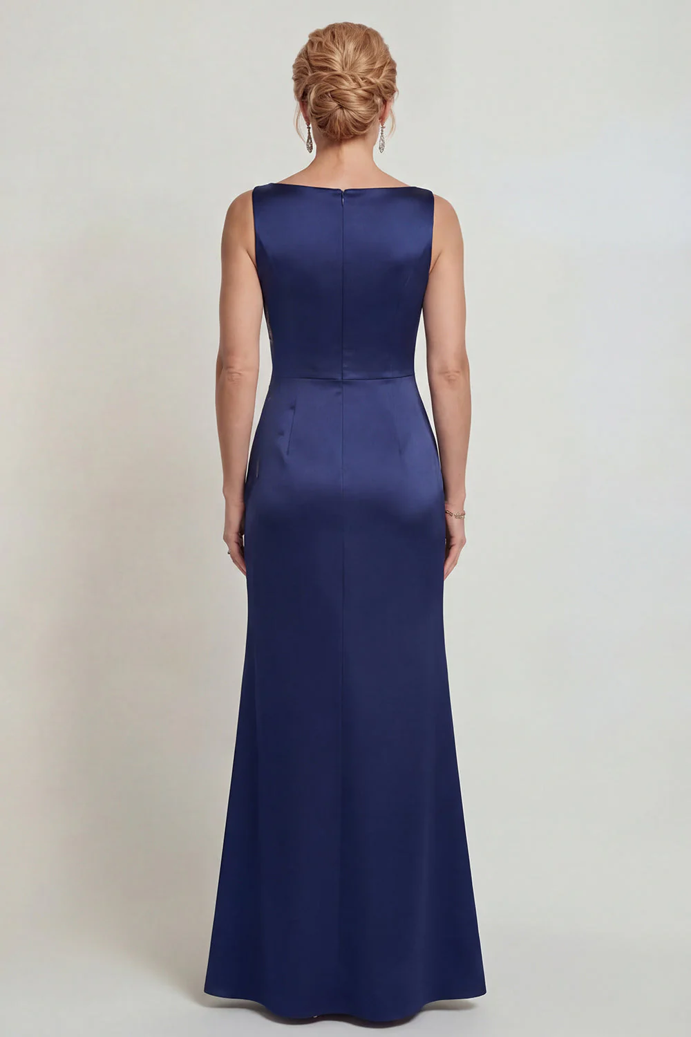 Navy Mermaid Boat Neck Satin Long Mother of the Bride Dress with Embroidery - Image 2
