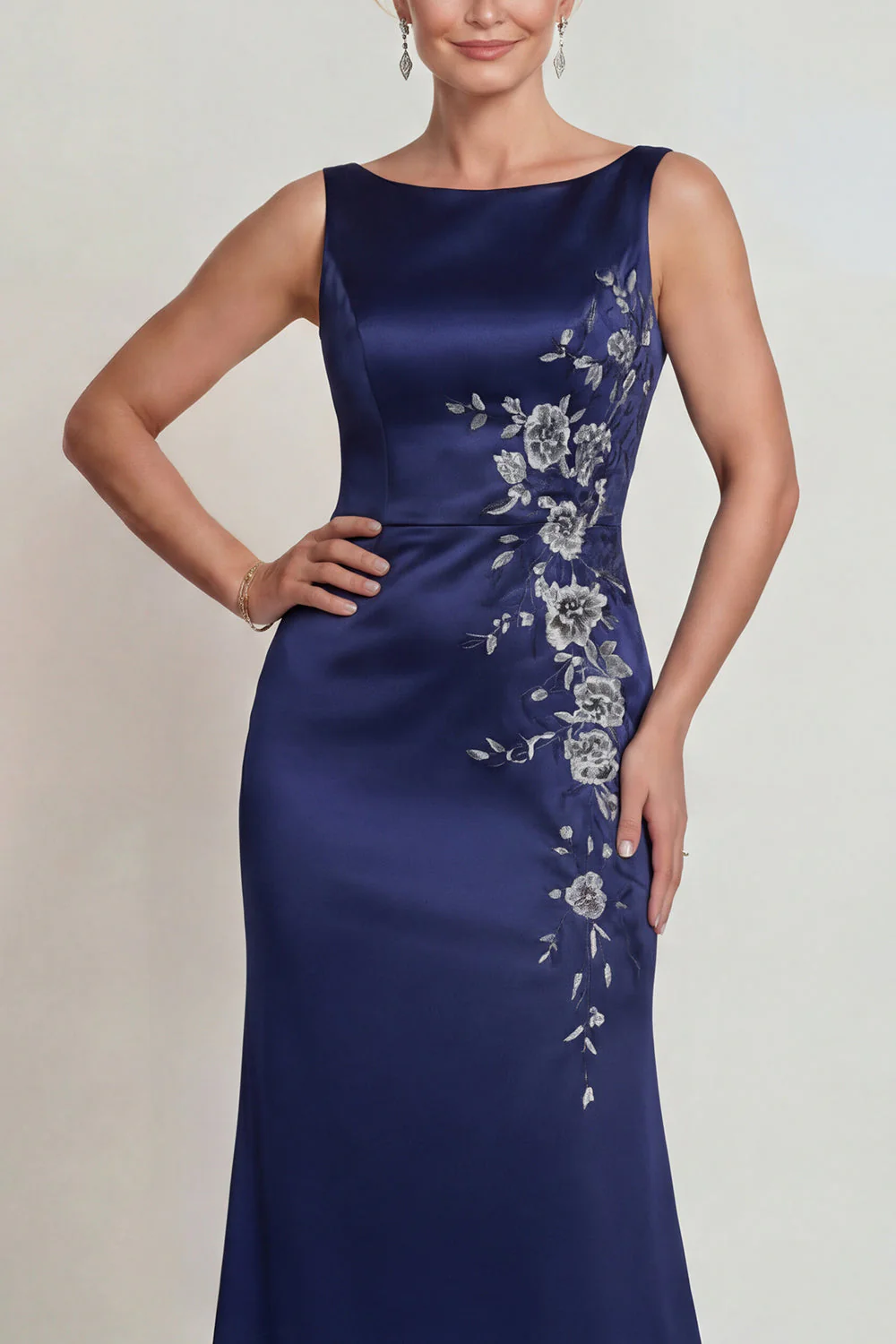 Navy Mermaid Boat Neck Satin Long Mother of the Bride Dress with Embroidery - Image 3