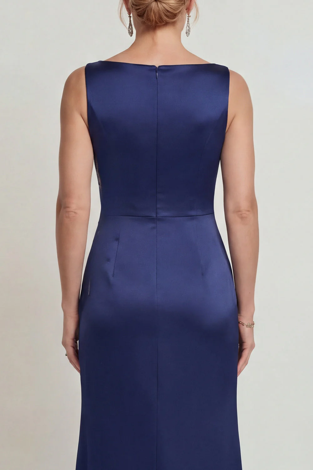 Navy Mermaid Boat Neck Satin Long Mother of the Bride Dress with Embroidery - Image 4