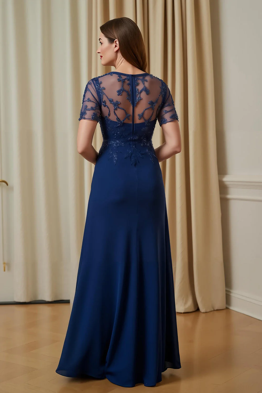 Navy Chiffon A Line Appliqued Illusion Boat Neck Long Mother of the Bride Dress with Sleeves - Image 2