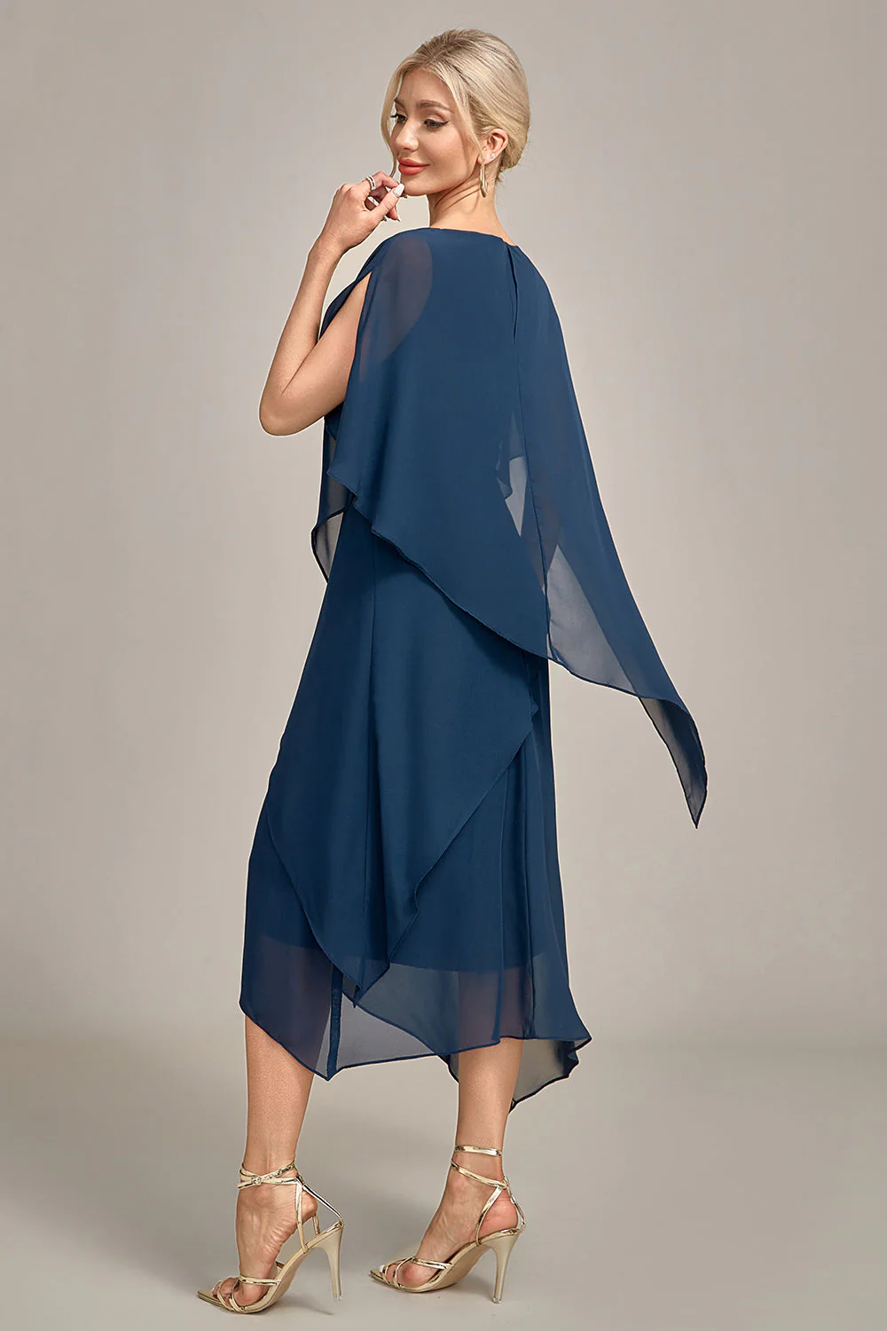 Navy Chiffon A-line Boat Neck Midi Choir Dress - Image 2