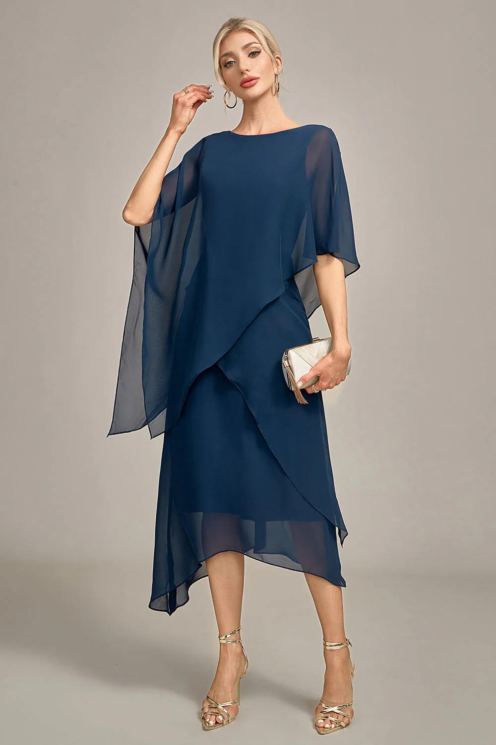 Navy Chiffon A-line Boat Neck Midi Choir Dress - Image 3