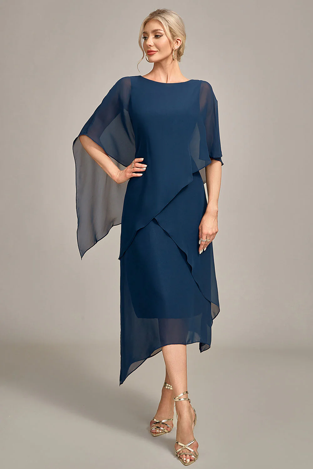 Navy Chiffon A-line Boat Neck Midi Choir Dress - Image 4