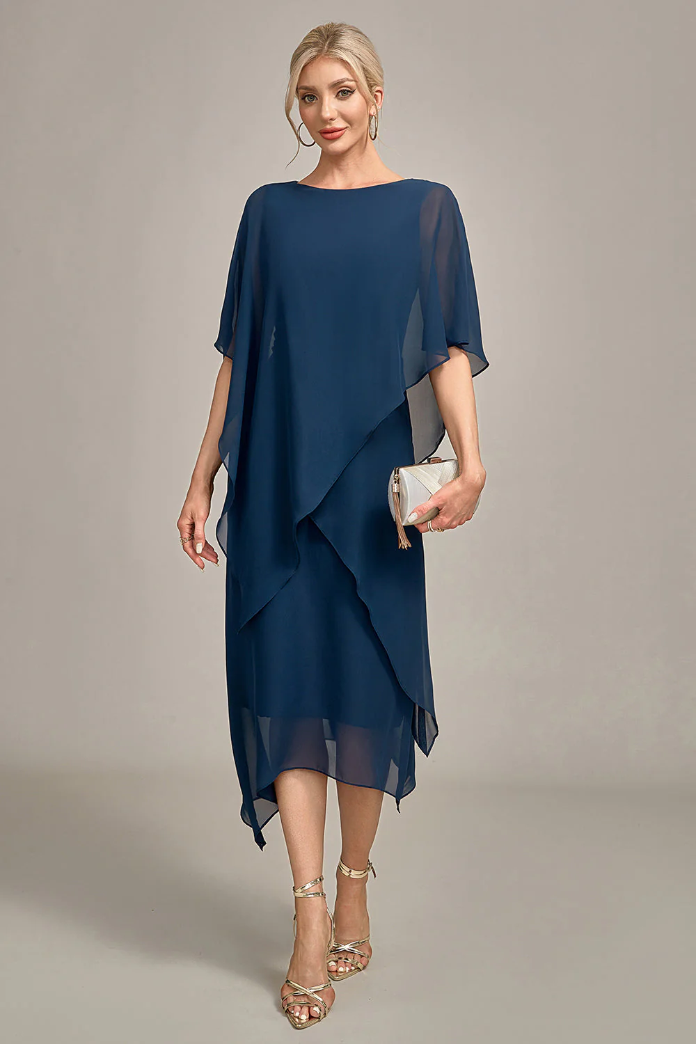 Navy Chiffon A-line Boat Neck Midi Choir Dress - Image 5