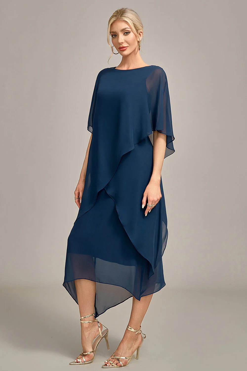 Navy Chiffon A-line Boat Neck Midi Choir Dress - Image 6