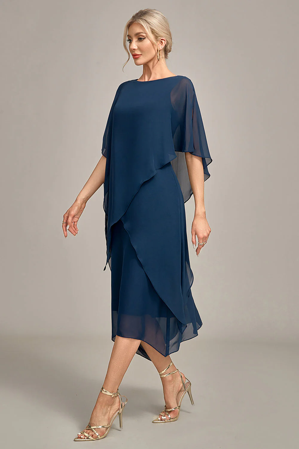 Navy Chiffon A-line Boat Neck Midi Choir Dress - Image 7