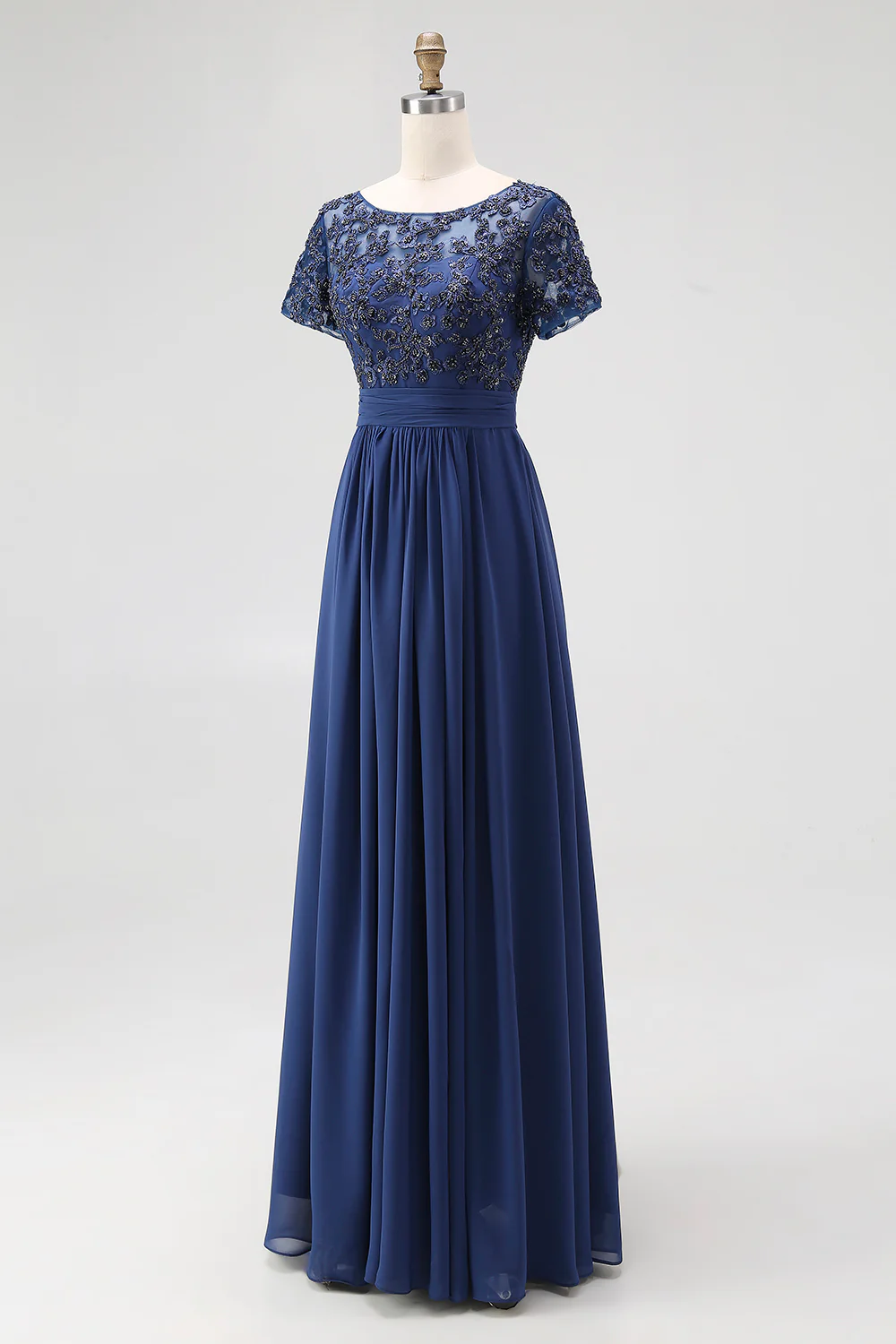 Navy Chiffon A Line Long Mother of the Bride Dress with Appliques - Image 3