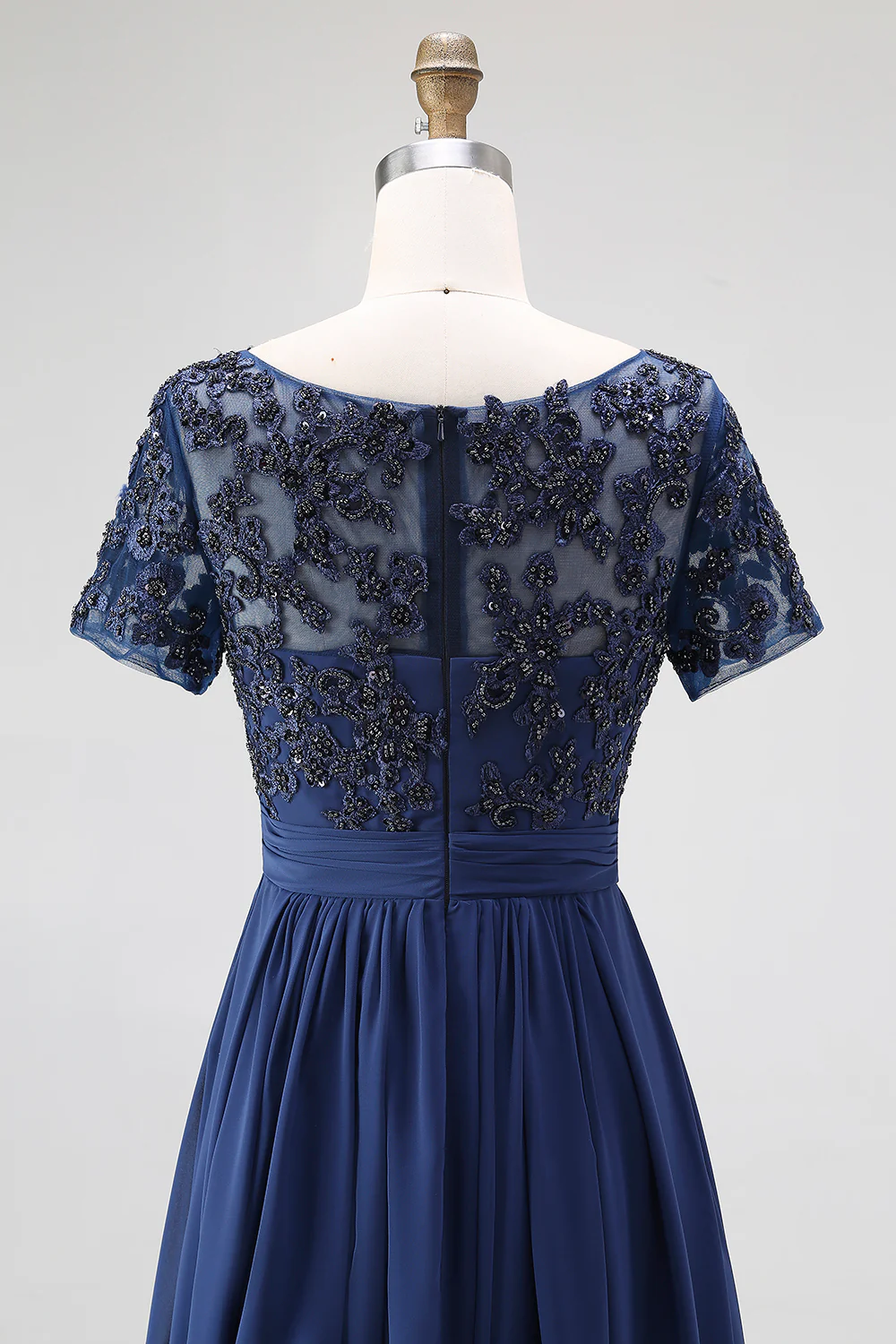 Navy Chiffon A Line Long Mother of the Bride Dress with Appliques - Image 5