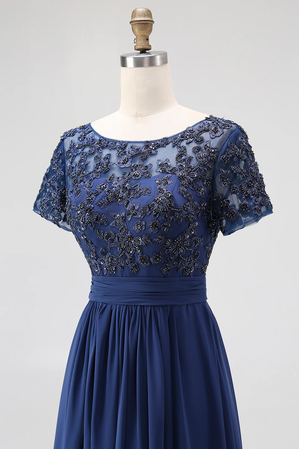 Navy Chiffon A Line Long Mother of the Bride Dress with Appliques - Image 6