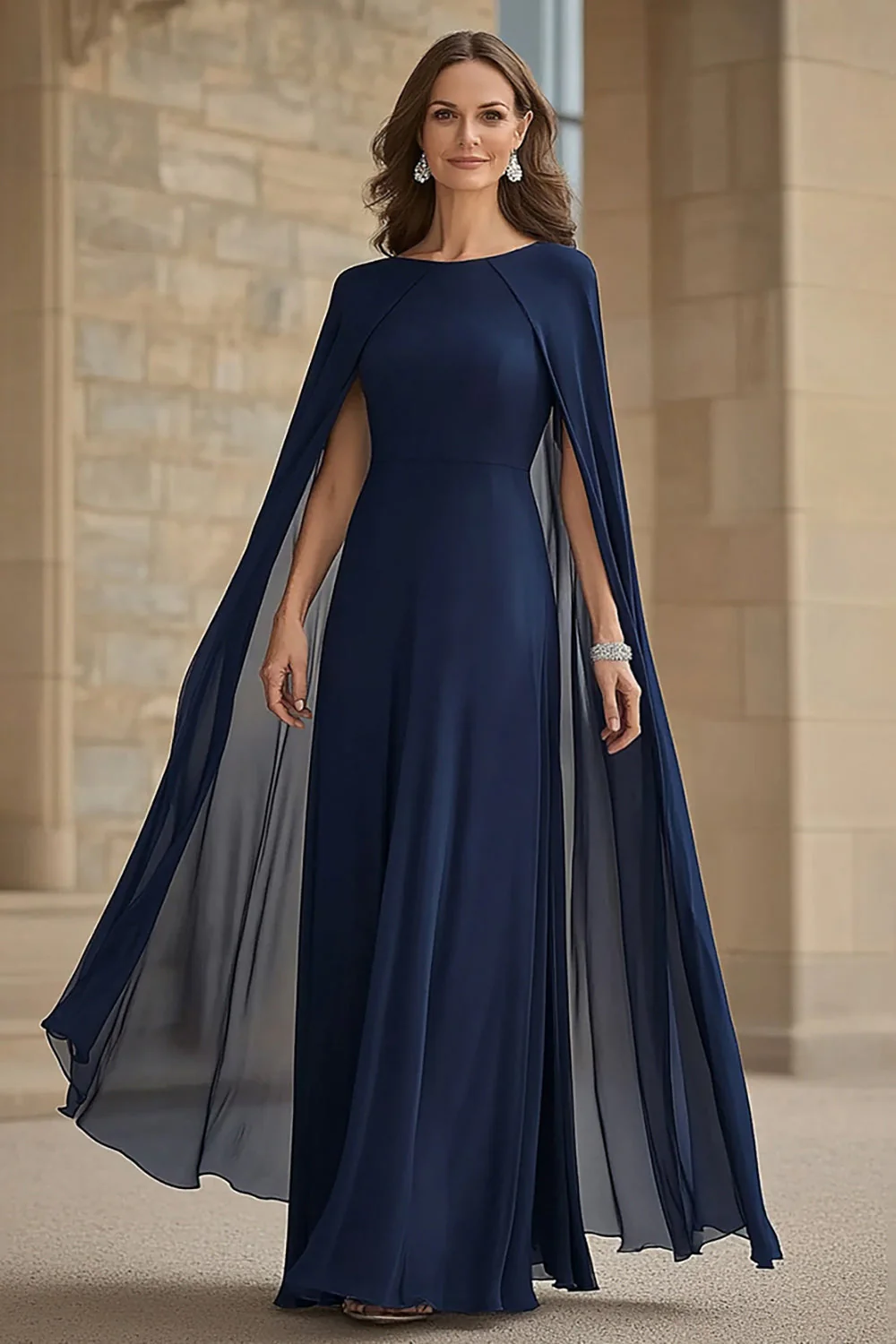 Navy Chiffon A-Line Round Neck Long Choir Dress with Cape - Image 2