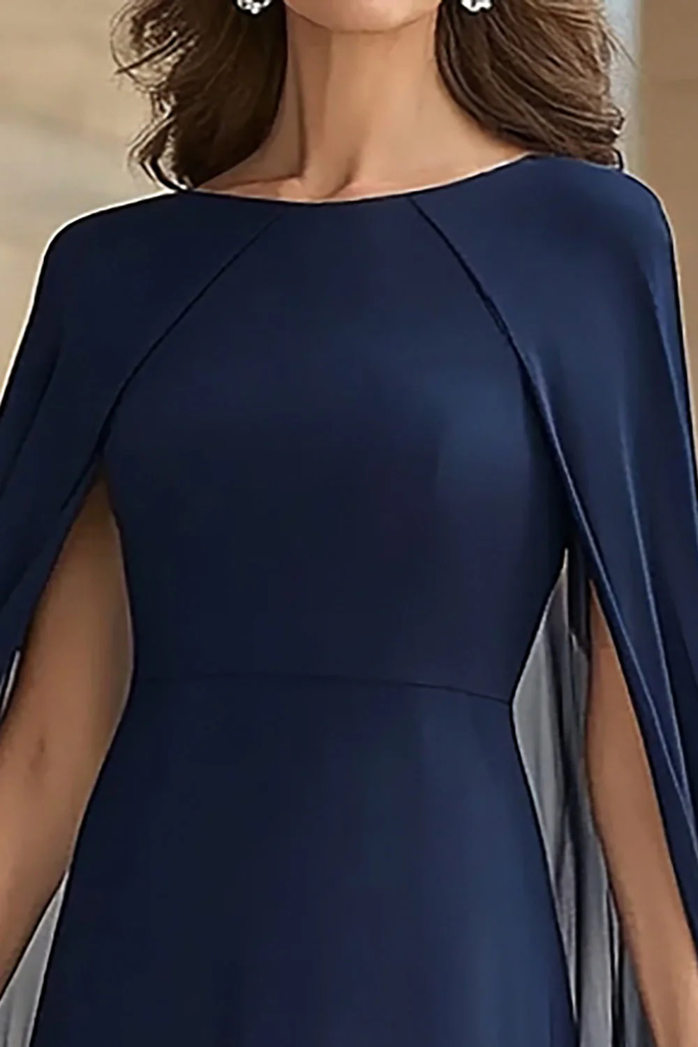Navy Chiffon A-Line Round Neck Long Choir Dress with Cape - Image 3