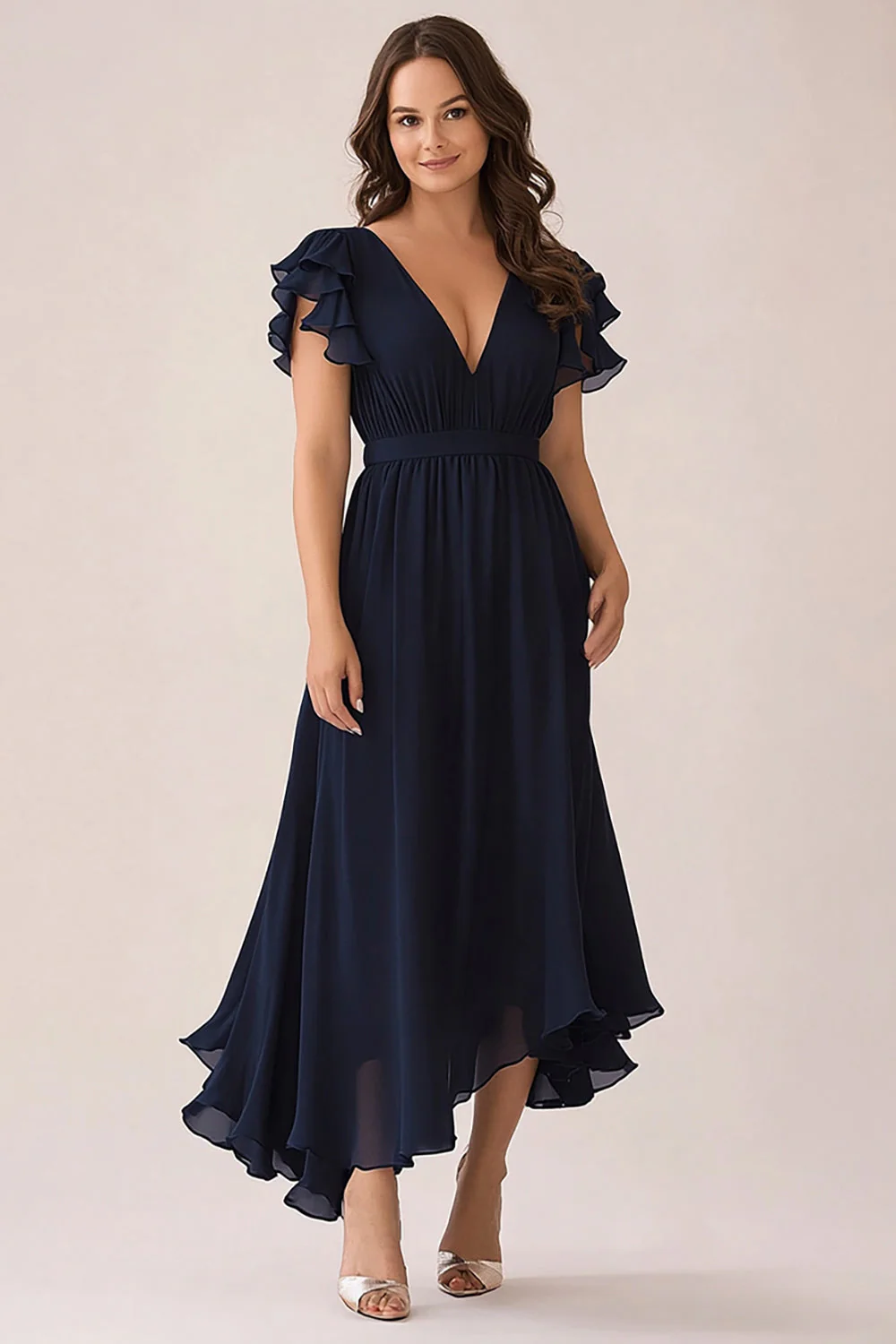 Navy Chiffon A-Line V-Neck Choir Dress with Flutter Sleeves - Image 2