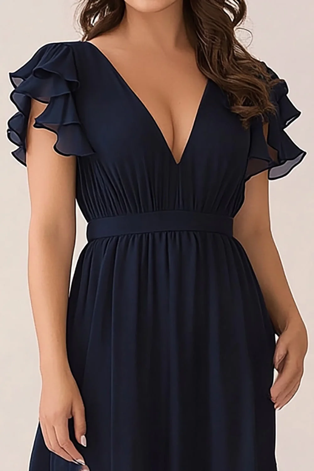 Navy Chiffon A-Line V-Neck Choir Dress with Flutter Sleeves - Image 3