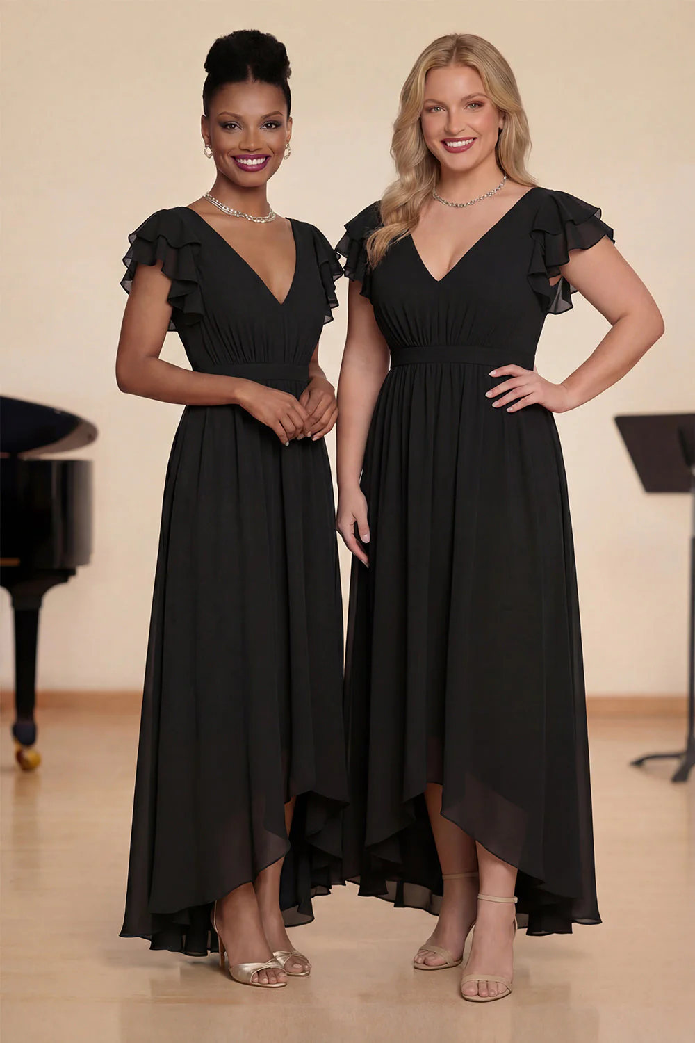 Navy Chiffon A-Line V-Neck Choir Dress with Flutter Sleeves - Image 4