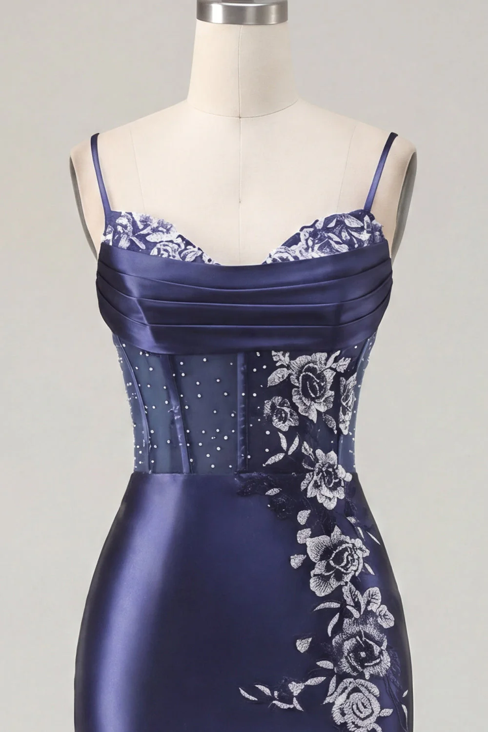 Navy Bodycon Corset Satin Embroidered Cocktail Dress - Image 5