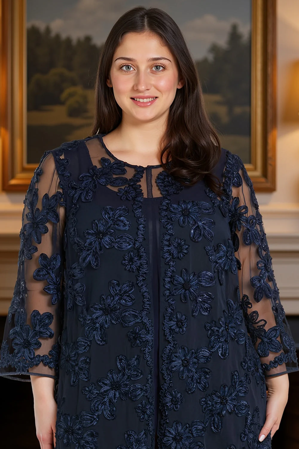 Navy Embroidered Long Sleeves Mother of the Bride Pant Suits - Image 2